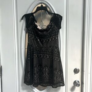 Adorable, black lace, short dress with beige undertone
